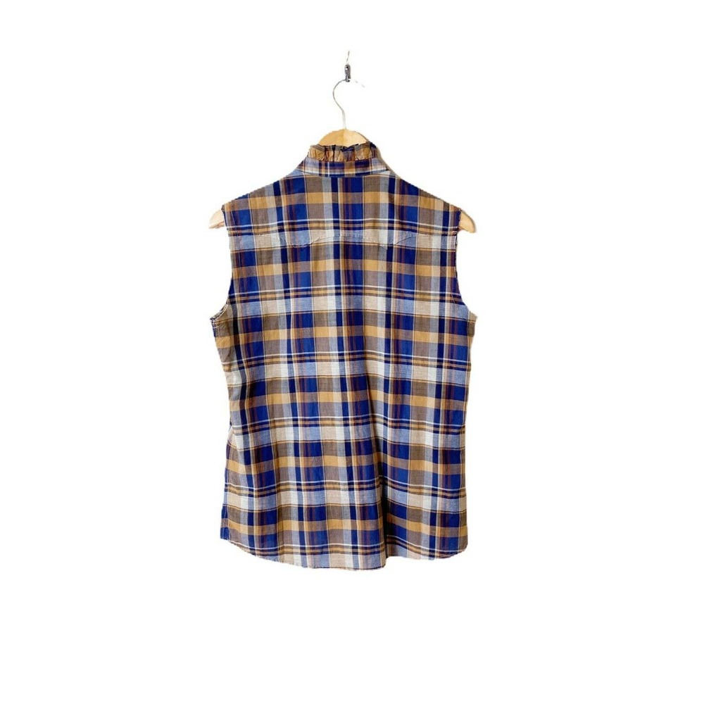 NILI LOTAN Feora Blue/Tan Plaid RuffleNeck Top NWT - Picture 6 of 10